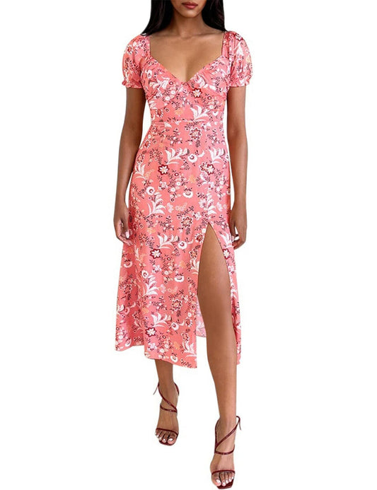 SPRIME Women's Summer Casual V Neck Puff Sleeve Green Flower Midi Dress Size L