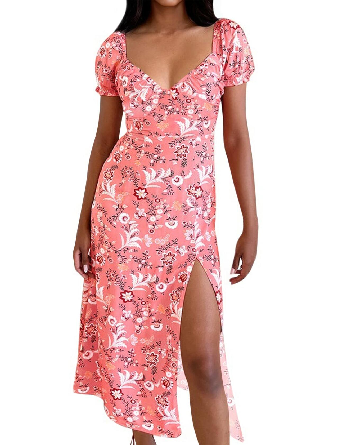 SPRIME Women's Summer Casual V Neck Puff Sleeve Green Flower Midi Dress Size L