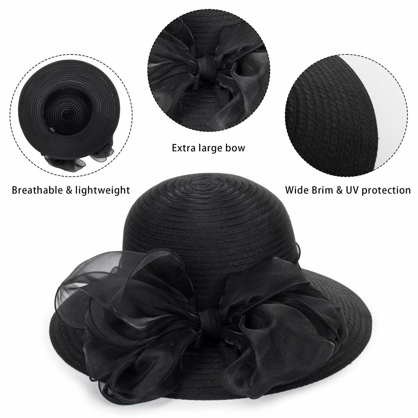 Kentucky Women Organza Sun Hat with Bow Black Wedding Tea Party Fascinator