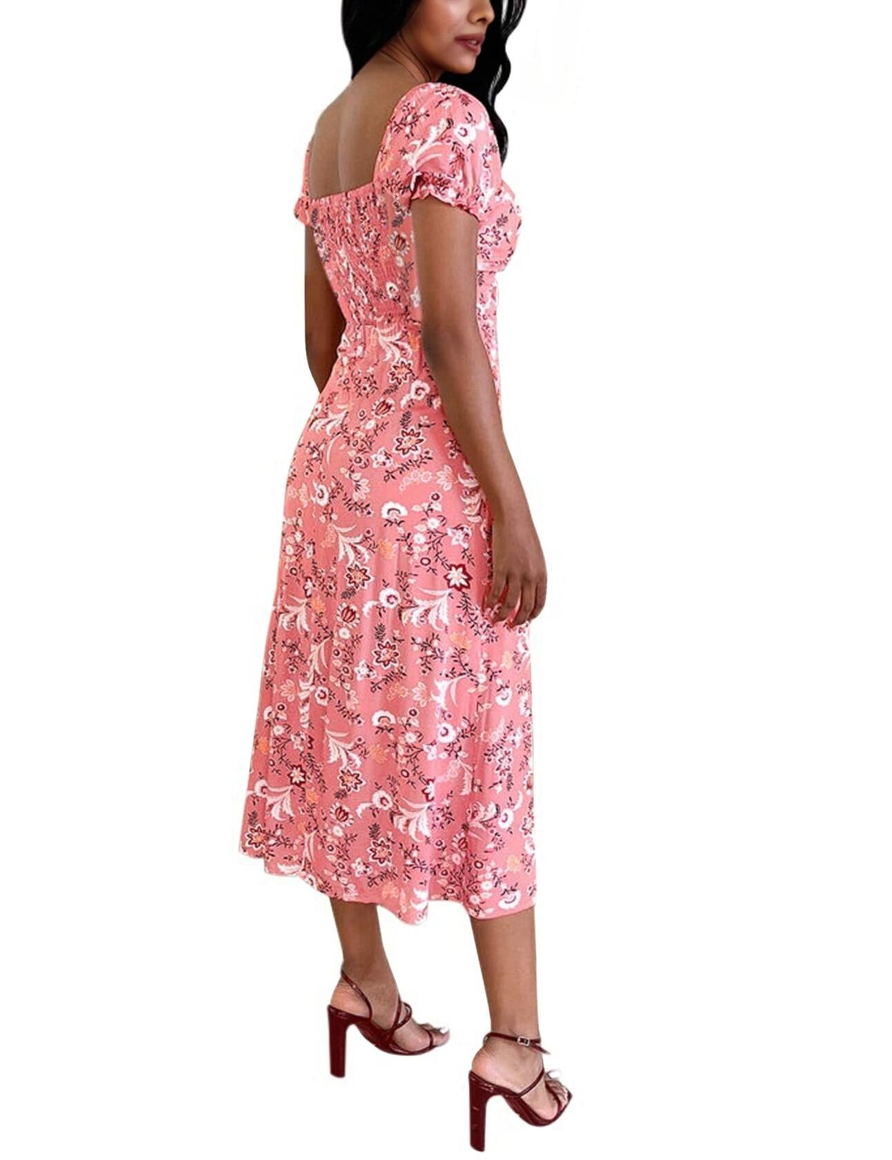 SPRIME Women's Summer Casual V Neck Puff Sleeve Green Flower Midi Dress Size L