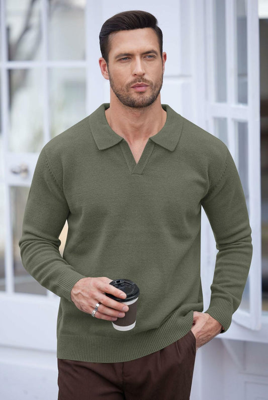 Herberton Men's Polo Sweater Pullover V Neck Long Sleeve Grey Size L