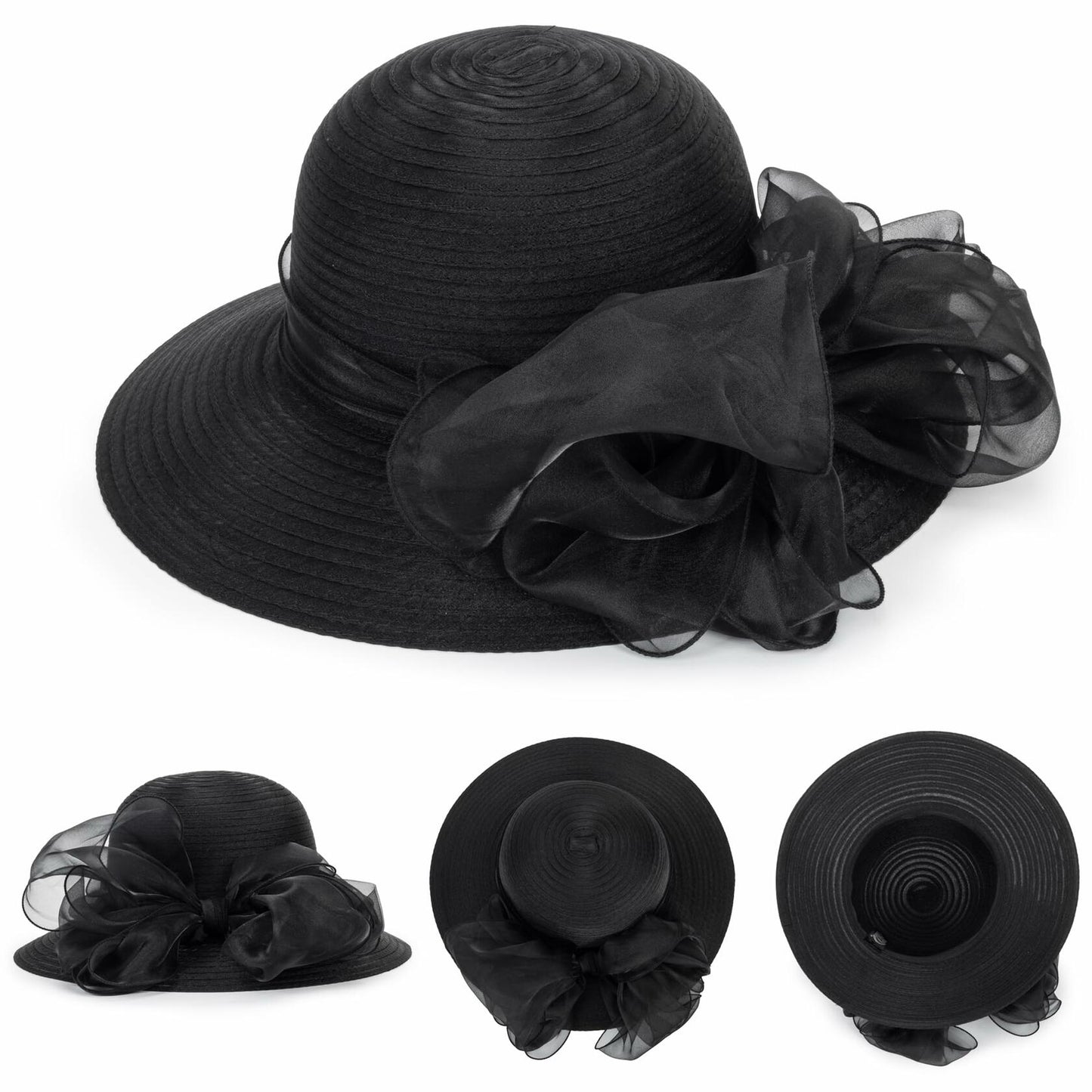 Kentucky Women Organza Sun Hat with Bow Black Wedding Tea Party Fascinator