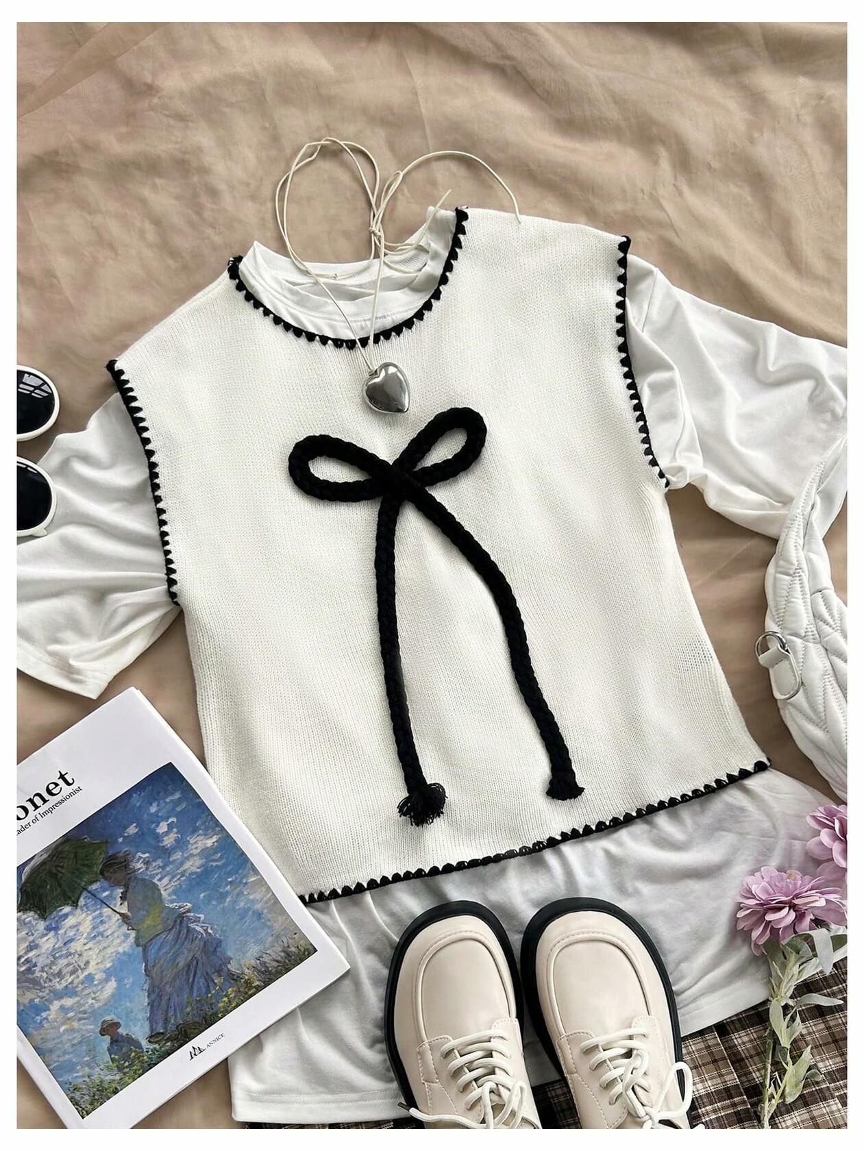 Verdusa Women’s Sleeveless Sweater Vest Bow Knit Tank Top White S