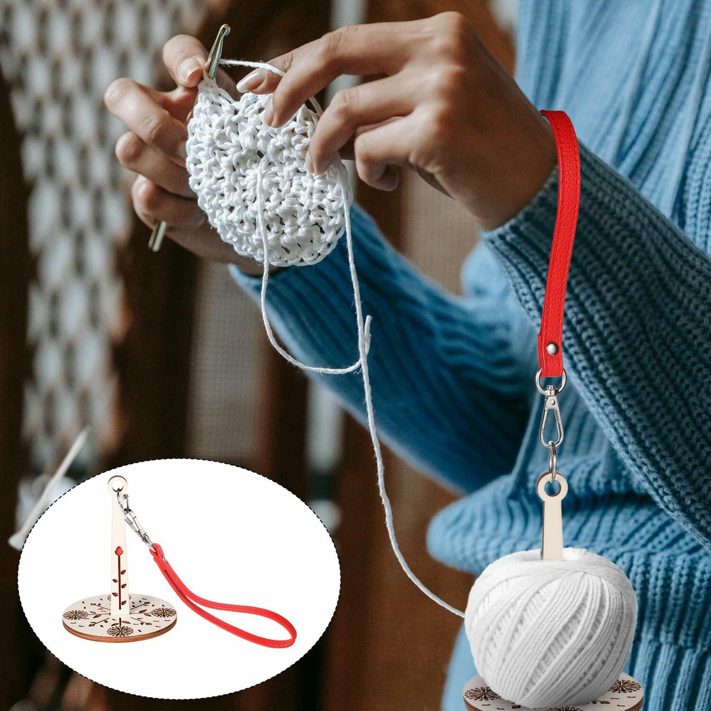 BOXOB Portable Wood Wrist Yarn Holder with Leather Band Knitting Supplies