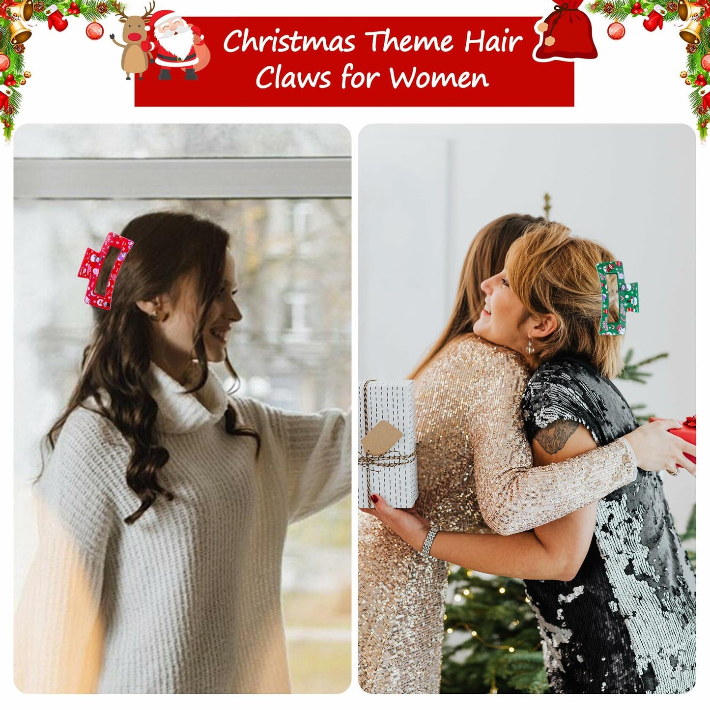 2PCS Christmas Hair Claw Set Snowman Candy Cane Red Green Xmas Clips