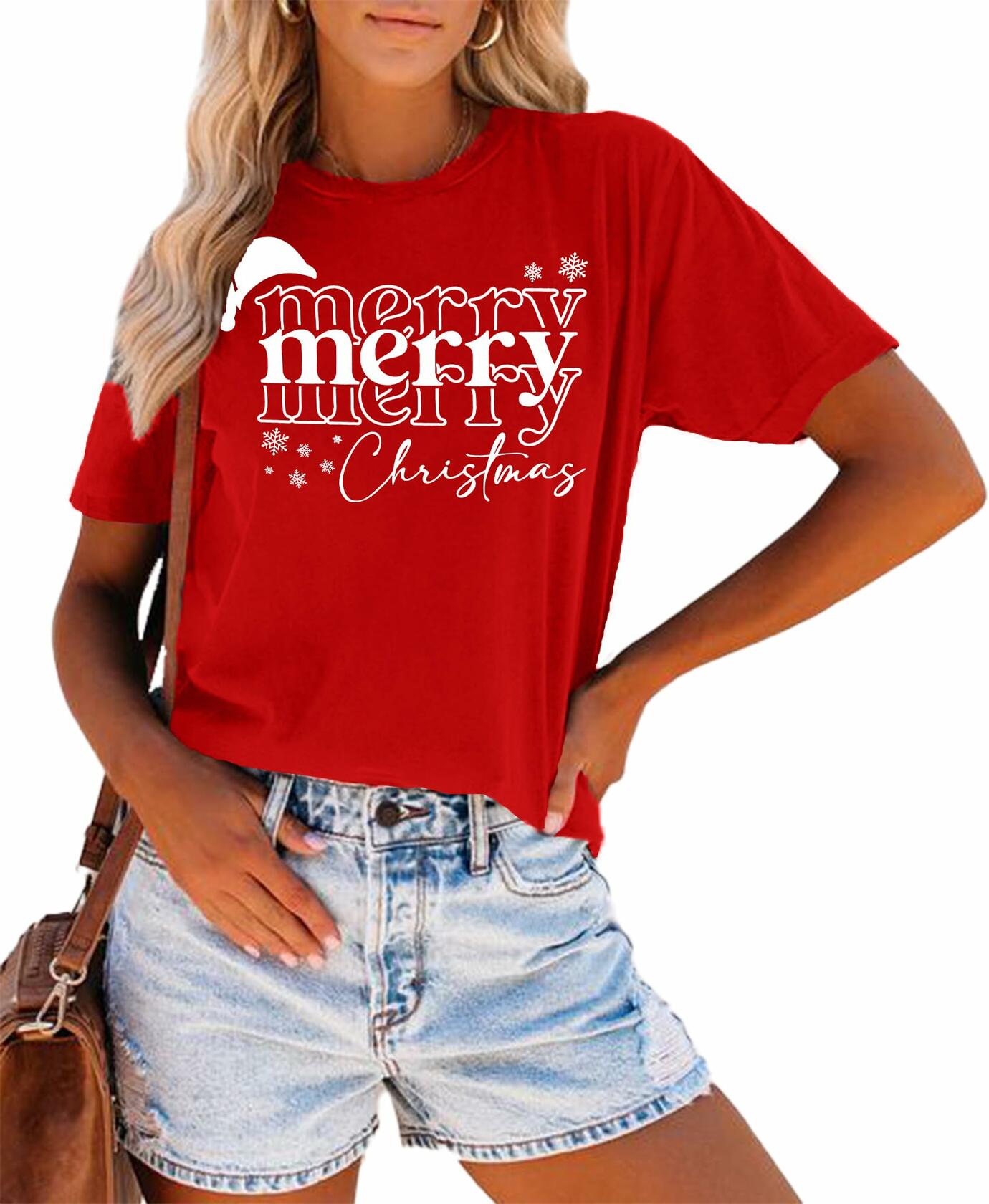 Merry Christmas Women's Graphic Short Sleeve Shirt Green Size XL