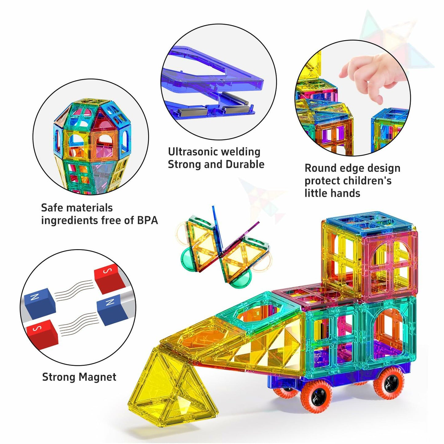 TEMI Magnetic Tiles 180-Piece Building Blocks STEM Toy Set Multicolor