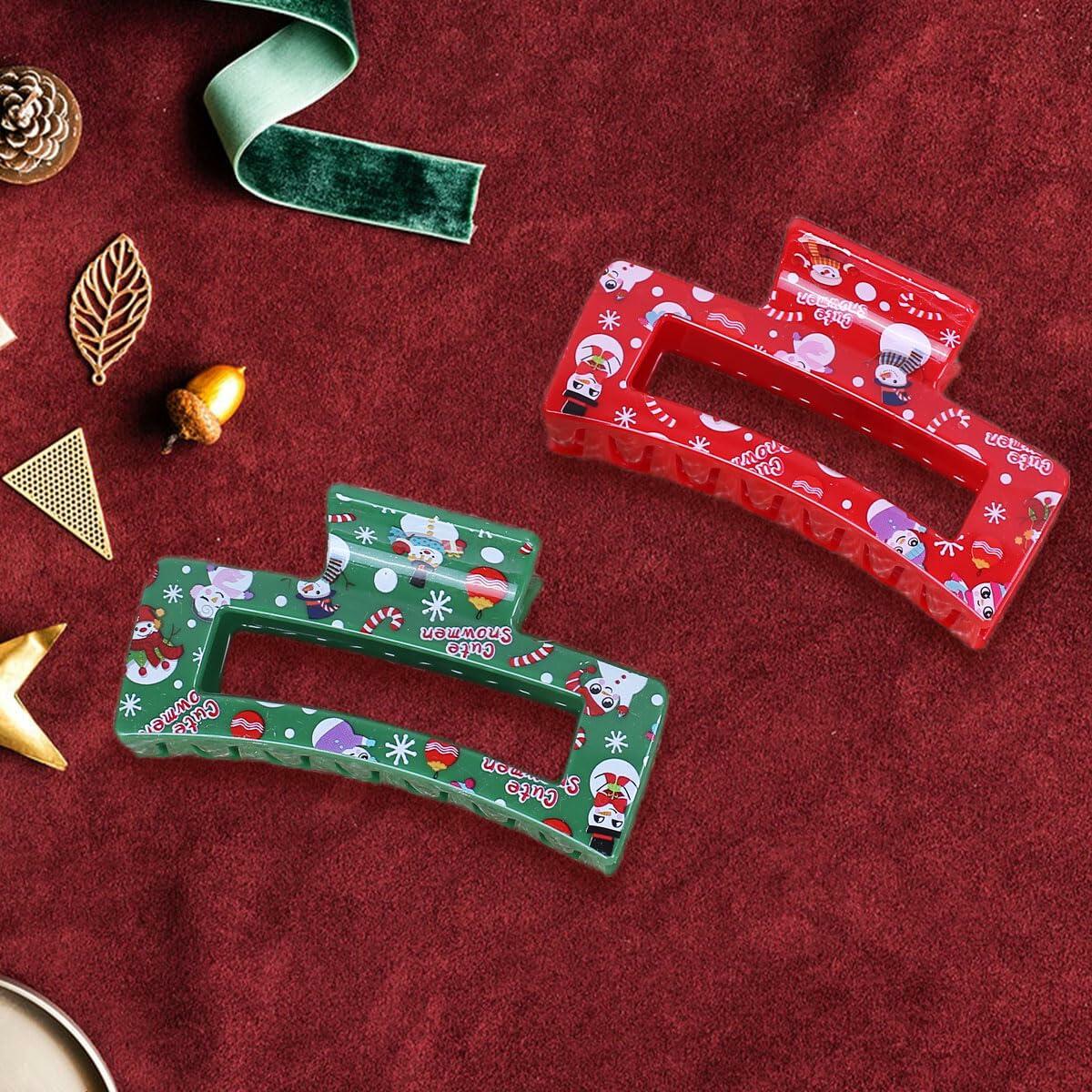 2PCS Christmas Hair Claw Set Snowman Candy Cane Red Green Xmas Clips