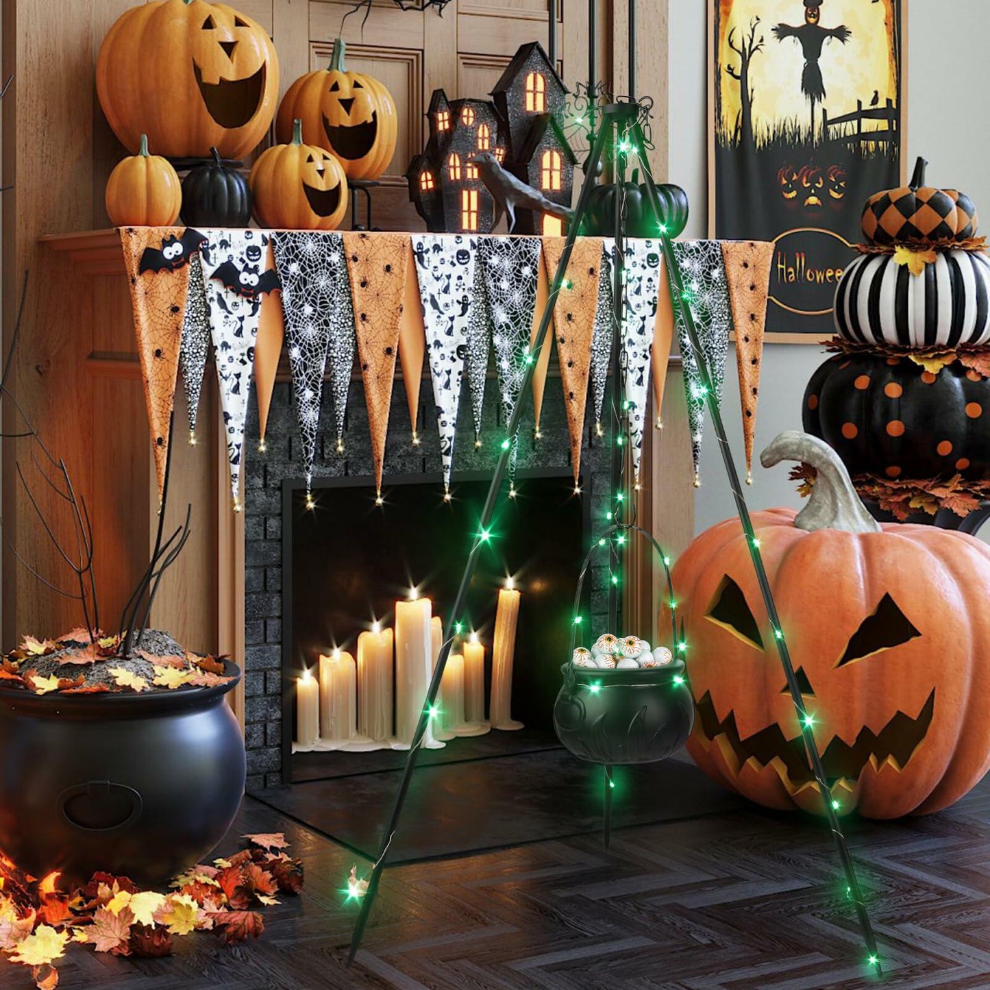 Hxezoc Halloween Witches Cauldron on Tripod with String Lights Black 31in