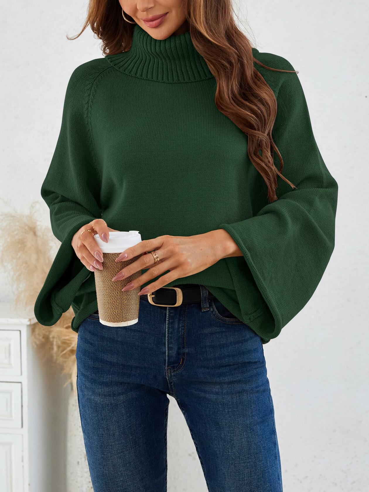 Angashion Womens Turtleneck Pullover Sweater Ribbed Knit Dark Green Size M