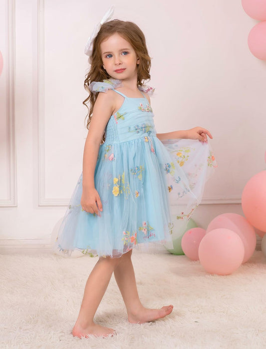 Floral Embroidered Tutu Dress Toddler Girls Bowknot Sleeveless Blue Size 2-3T
