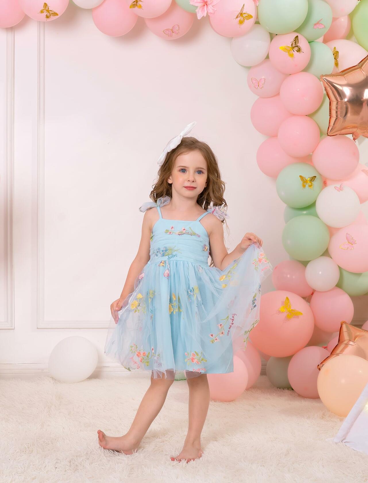 Floral Embroidered Tutu Dress Toddler Girls Bowknot Sleeveless Blue Size 2-3T