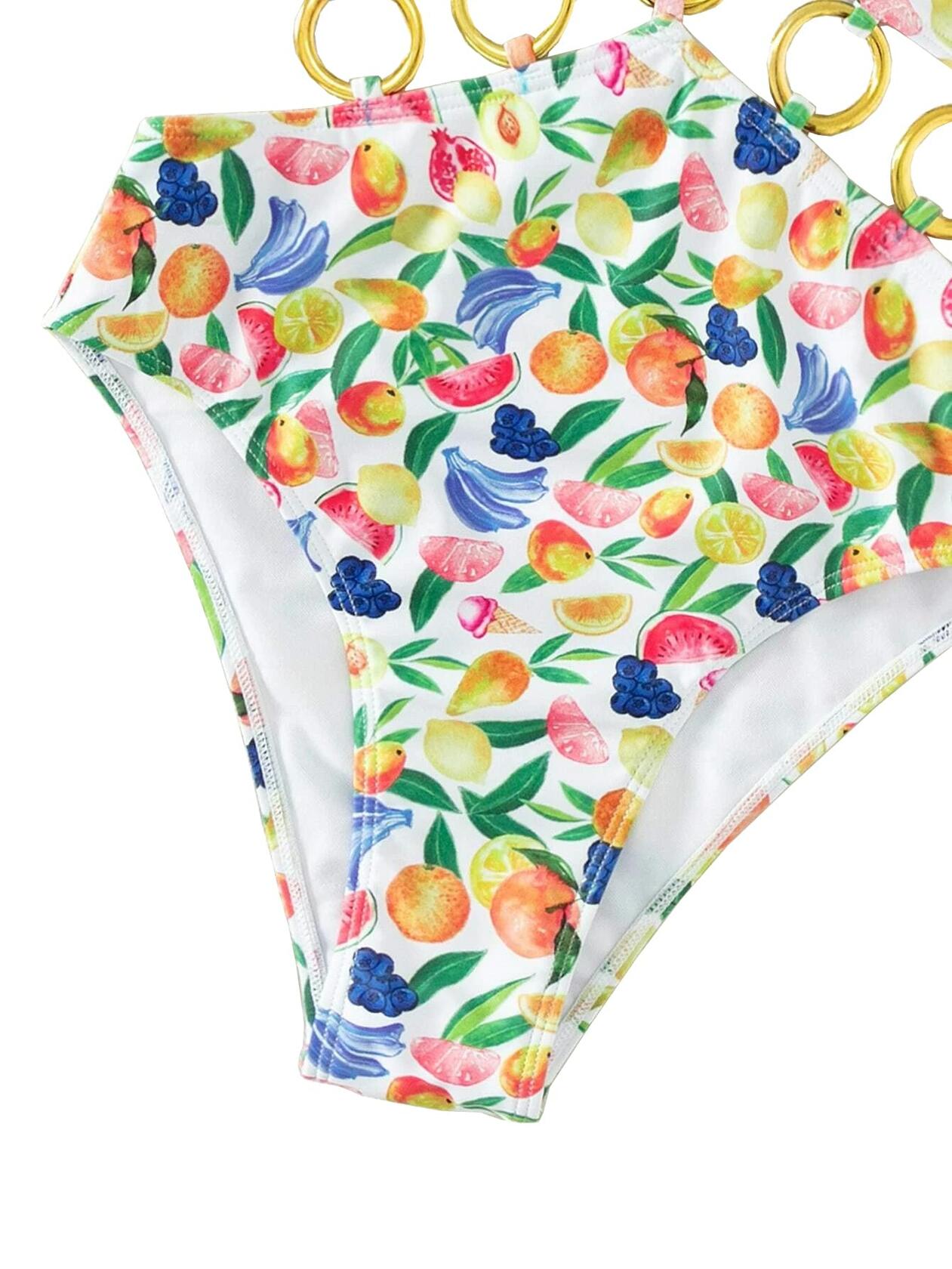 Fruit Print Ring Linked One Piece Swimsuit Cut Out Monokini Multicolor Size S
