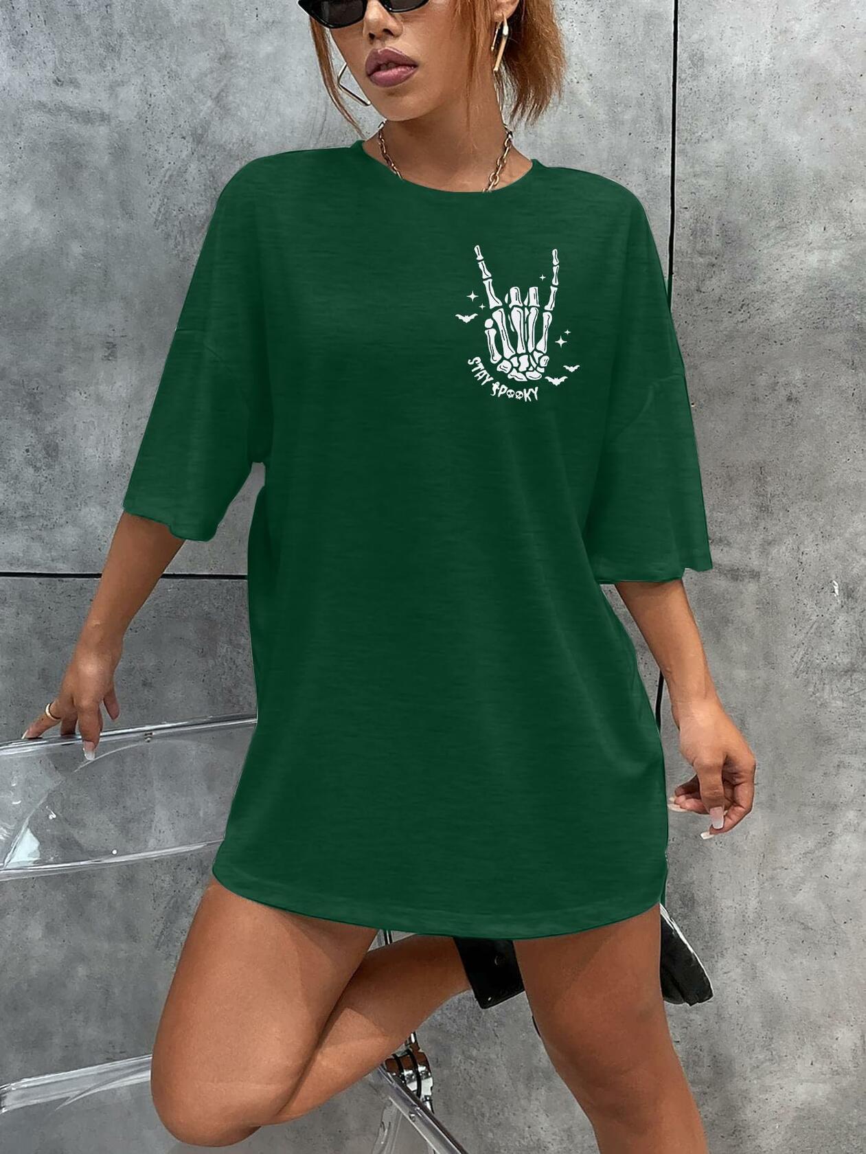 Halloween Oversize T-Shirt Women Spooky Graphic Ghost Tee Green Size XL