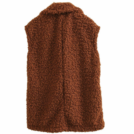 Amazhiyu Womens Faux Fur Waistcoat Vest with Pockets Sleeveless Brown Size XL