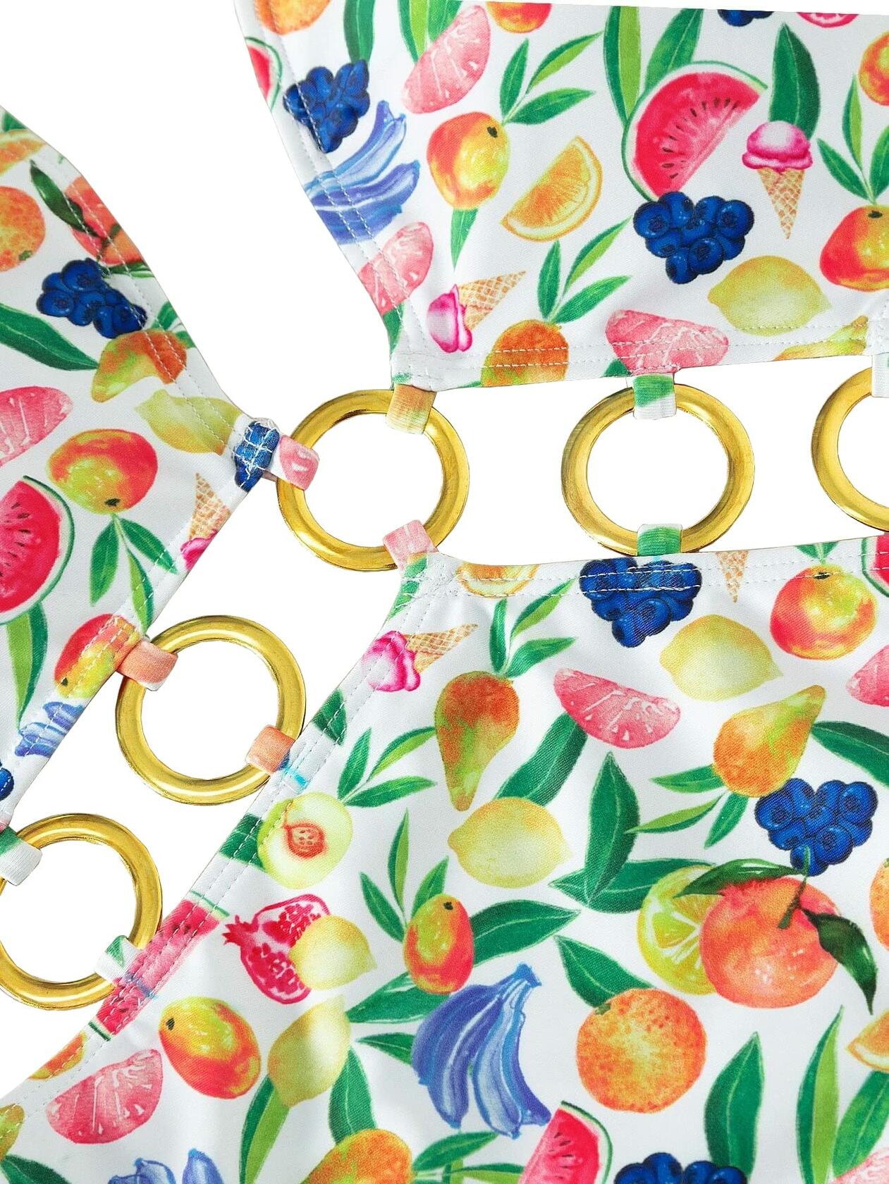 Fruit Print Ring Linked One Piece Swimsuit Cut Out Monokini Multicolor Size S