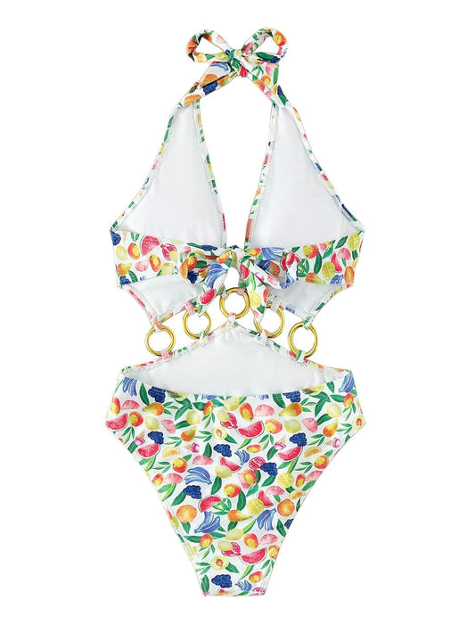 Fruit Print Ring Linked One Piece Swimsuit Cut Out Monokini Multicolor Size S