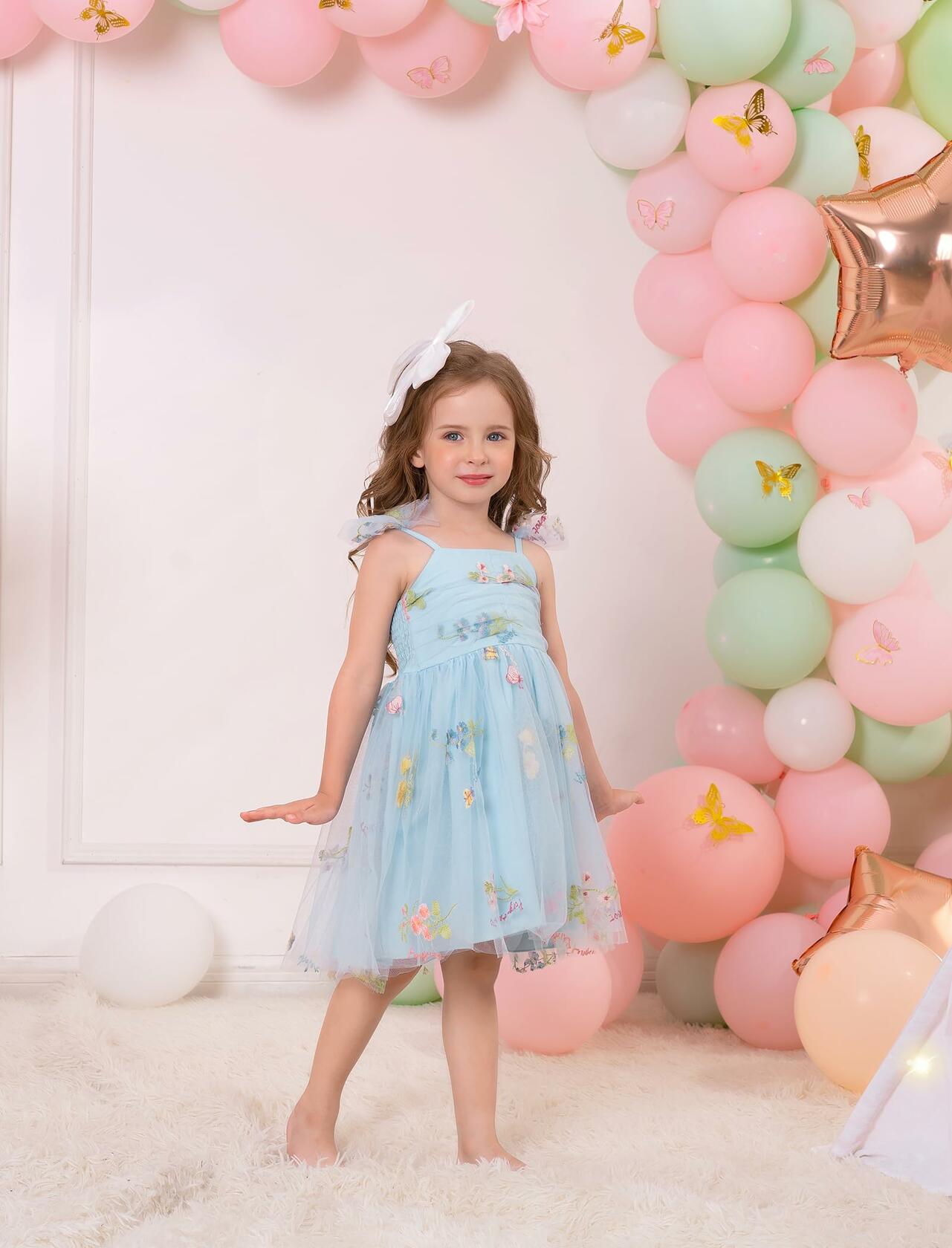 Floral Embroidered Tutu Dress Toddler Girls Bowknot Sleeveless Blue Size 2-3T