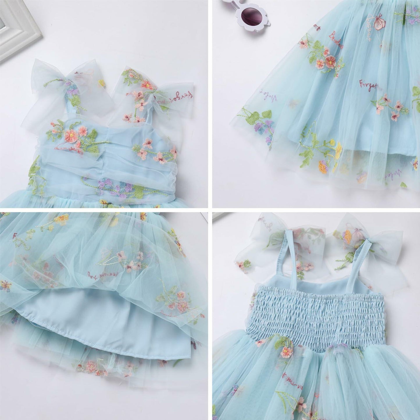Floral Embroidered Tutu Dress Toddler Girls Bowknot Sleeveless Blue Size 2-3T