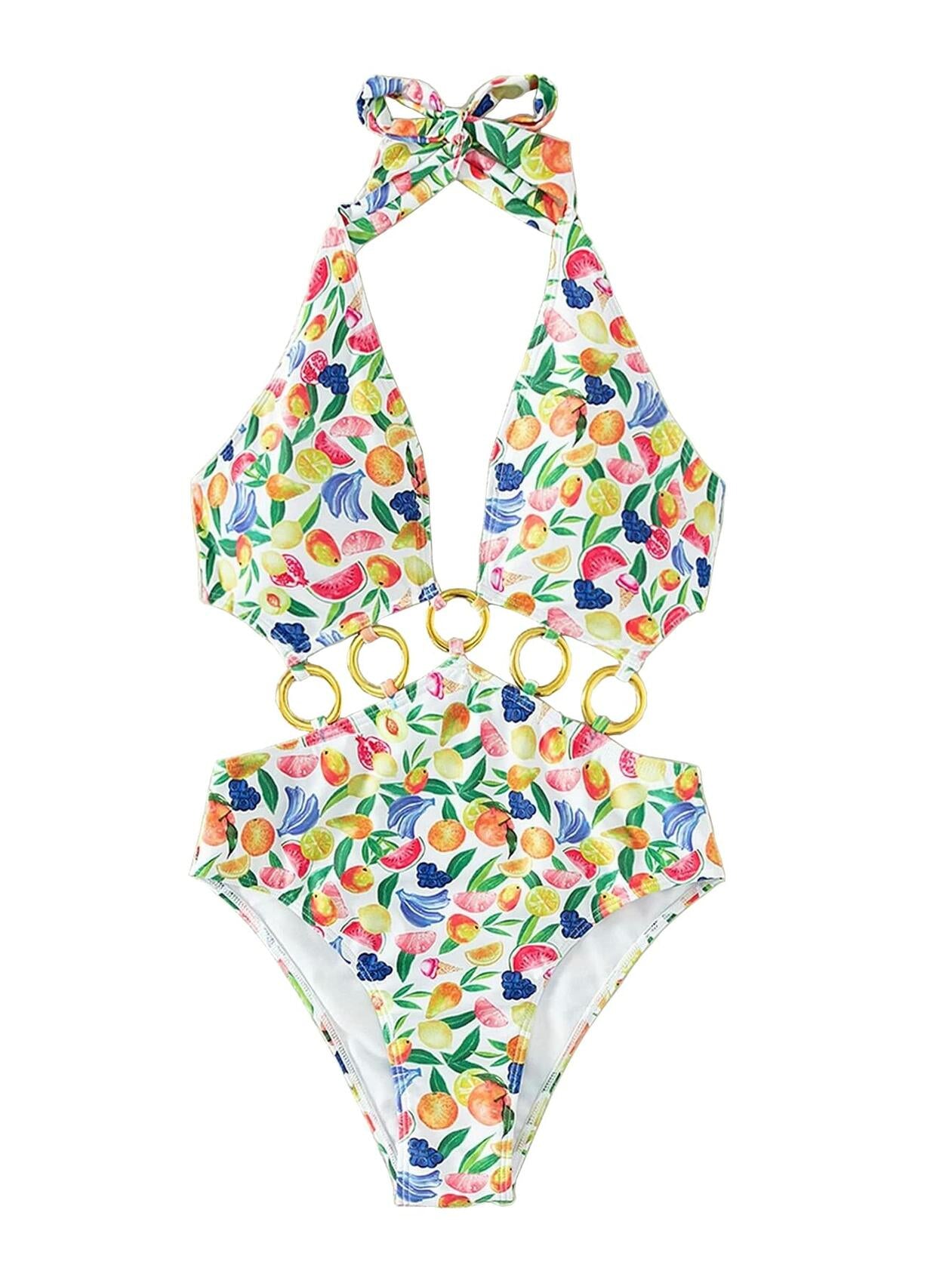 Fruit Print Ring Linked One Piece Swimsuit Cut Out Monokini Multicolor Size S