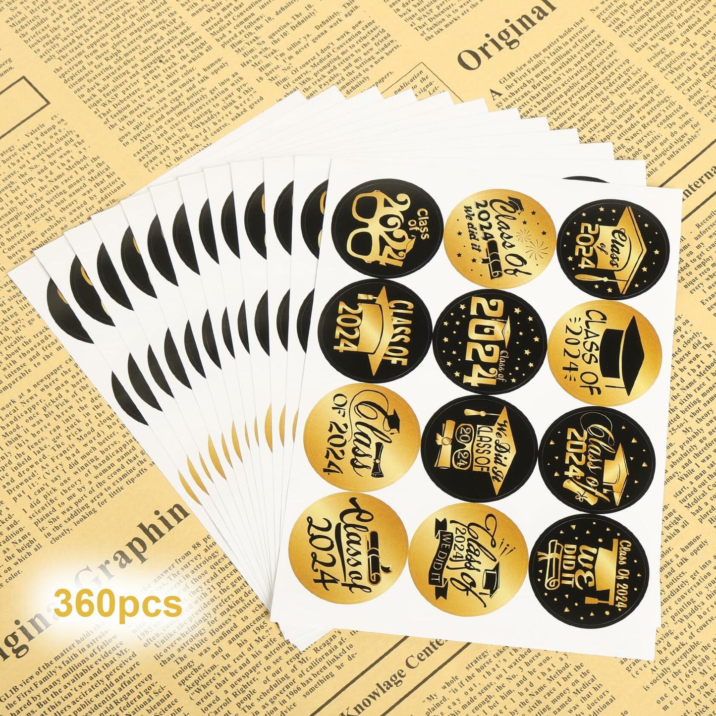 Tongcloud Graduation Stickers 360pcs Black Gold 3.8cm Round Labels Class 2024