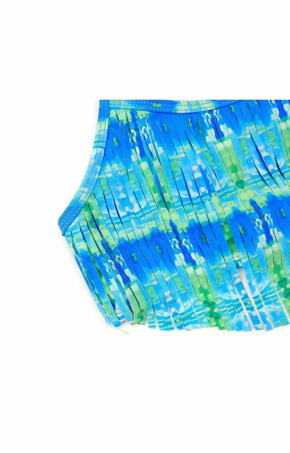 SHEKINI Girls Tie Side Sports Tassel Bikini Set Printed Blue Green Size 10 Years