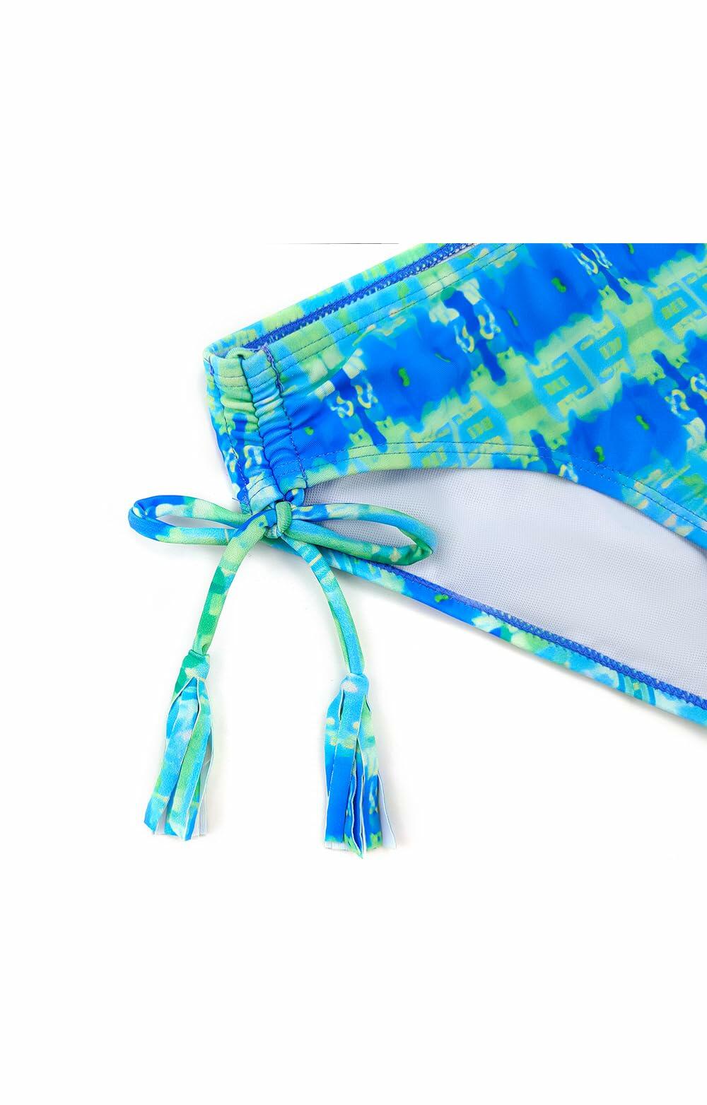 SHEKINI Girls Tie Side Sports Tassel Bikini Set Printed Blue Green Size 10 Years