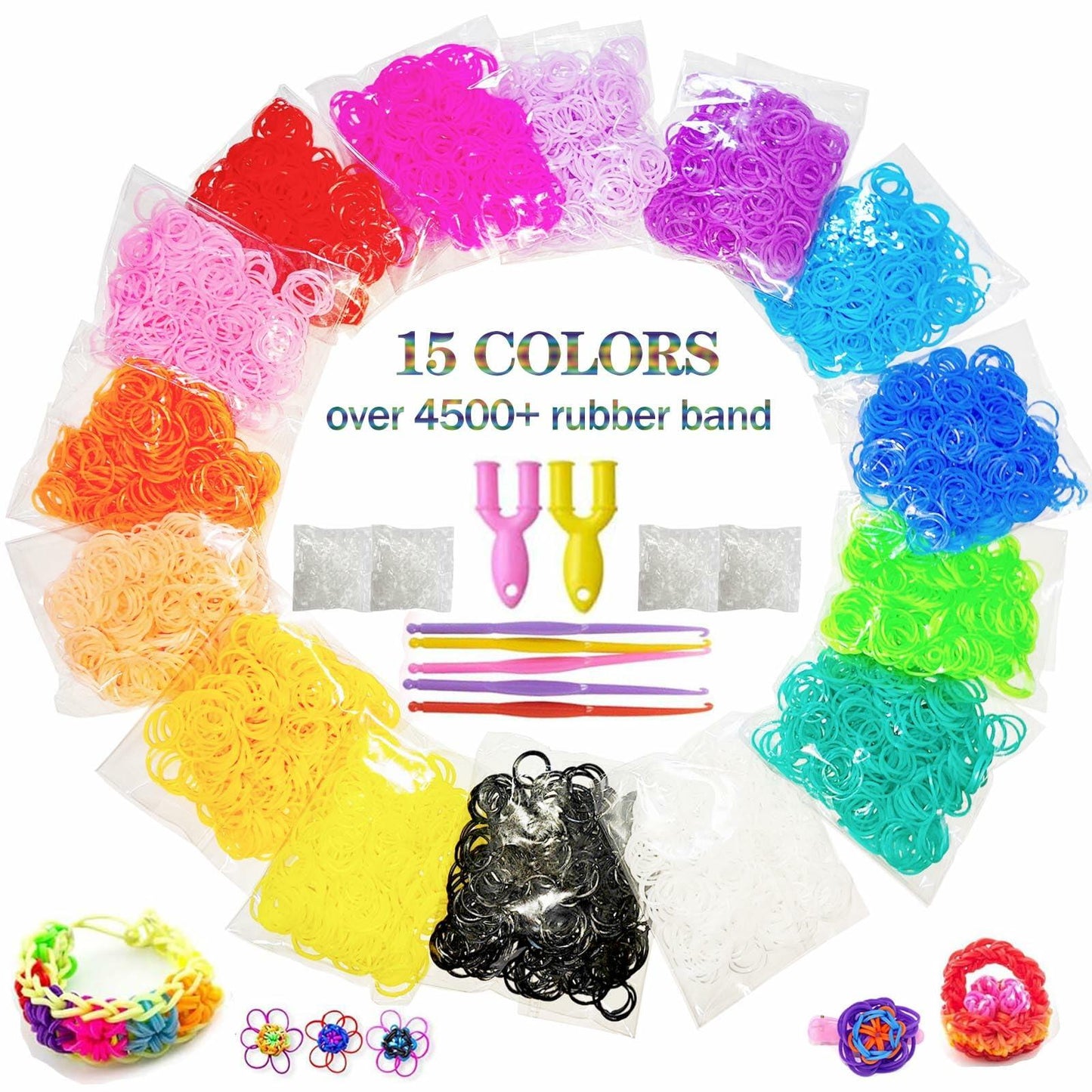 MEGANEOPRE Loom Bracelet Bands Kit 4500+ Pcs 15 Colors Clips Hooks Loom