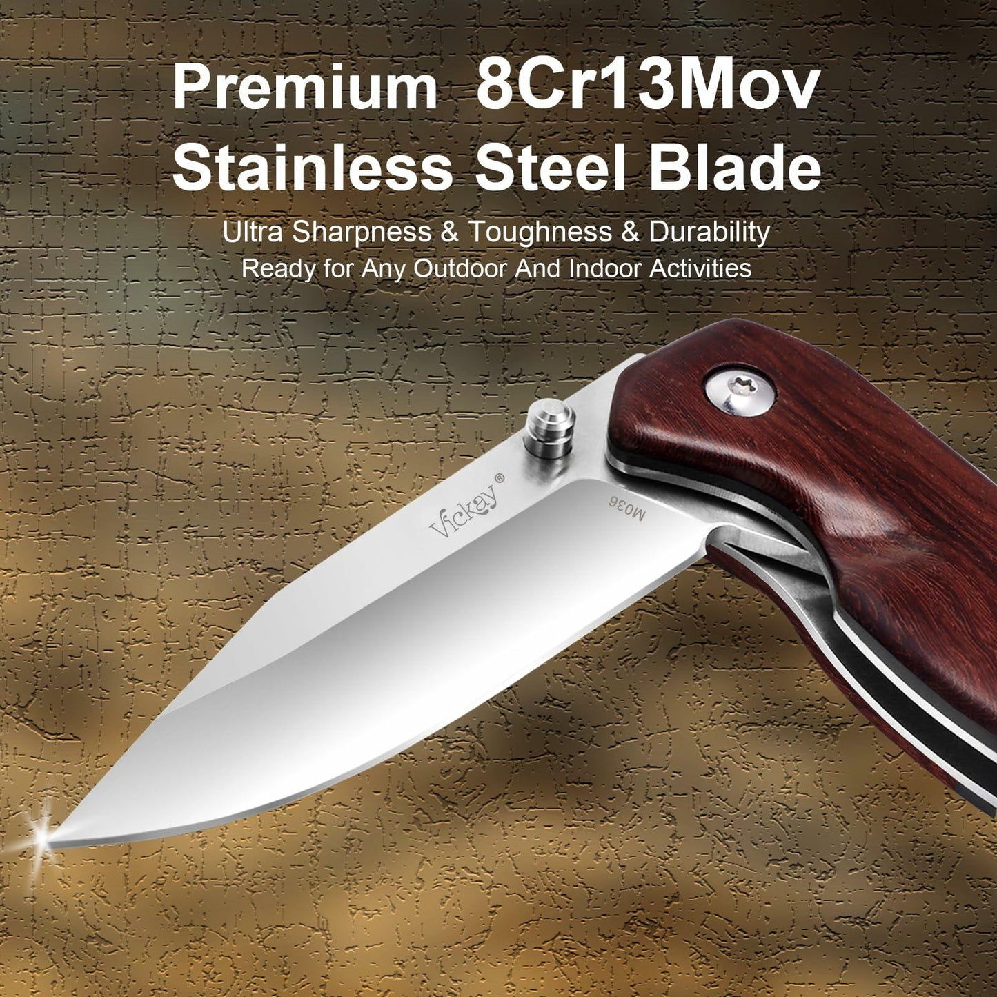 Pocket Knife Folding 2.76" 8Cr13MoV Steel Blade Wood Handle EDC Outdoor