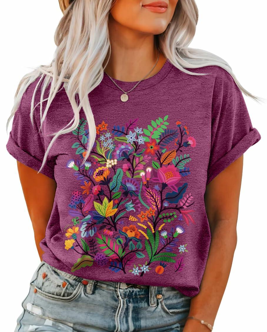 Inber Women's Boho Wildflowers Graphic Crewneck T-Shirt Size L