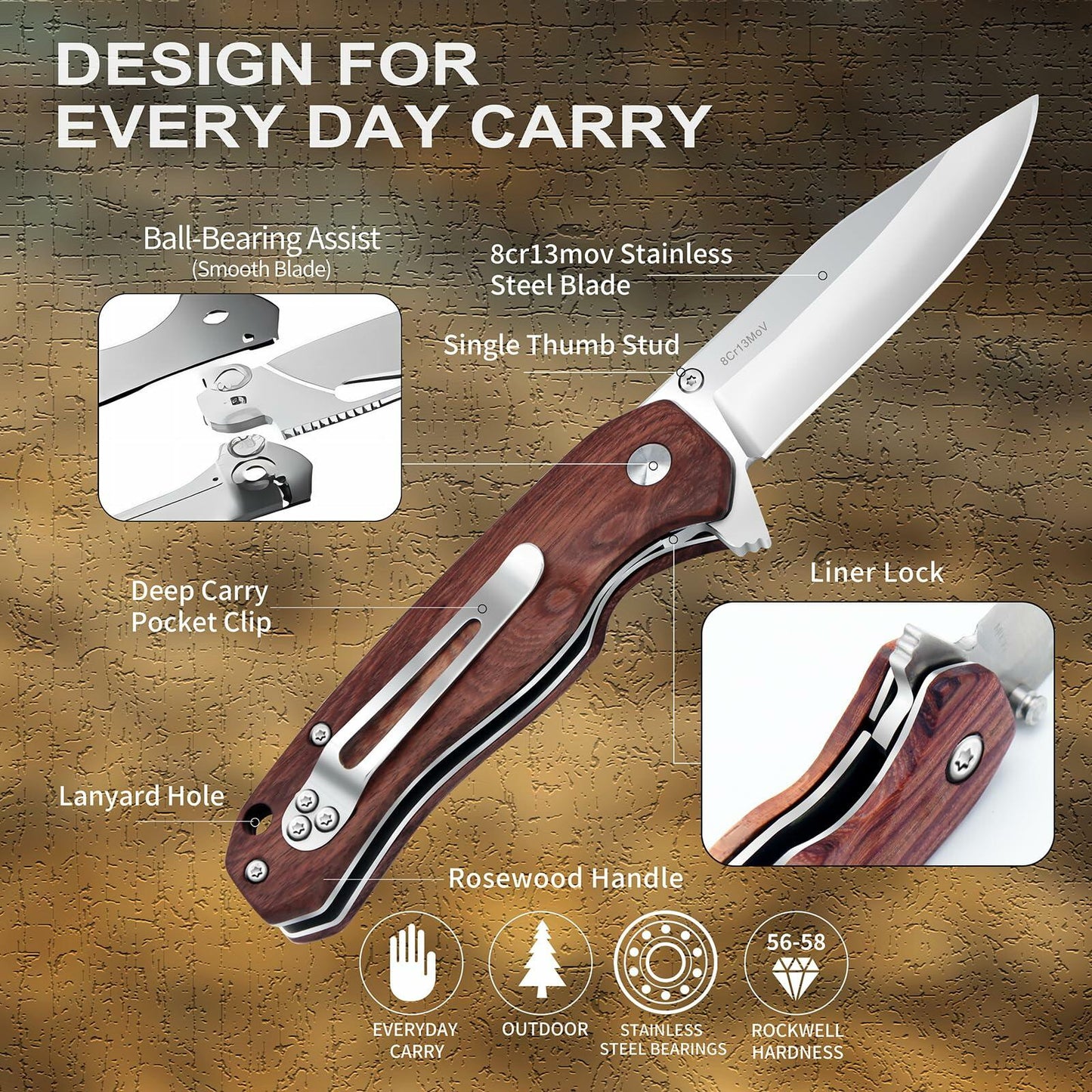 Pocket Knife Folding 2.76" 8Cr13MoV Steel Blade Wood Handle EDC Outdoor