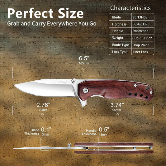 Pocket Knife Folding 2.76" 8Cr13MoV Steel Blade Wood Handle EDC Outdoor