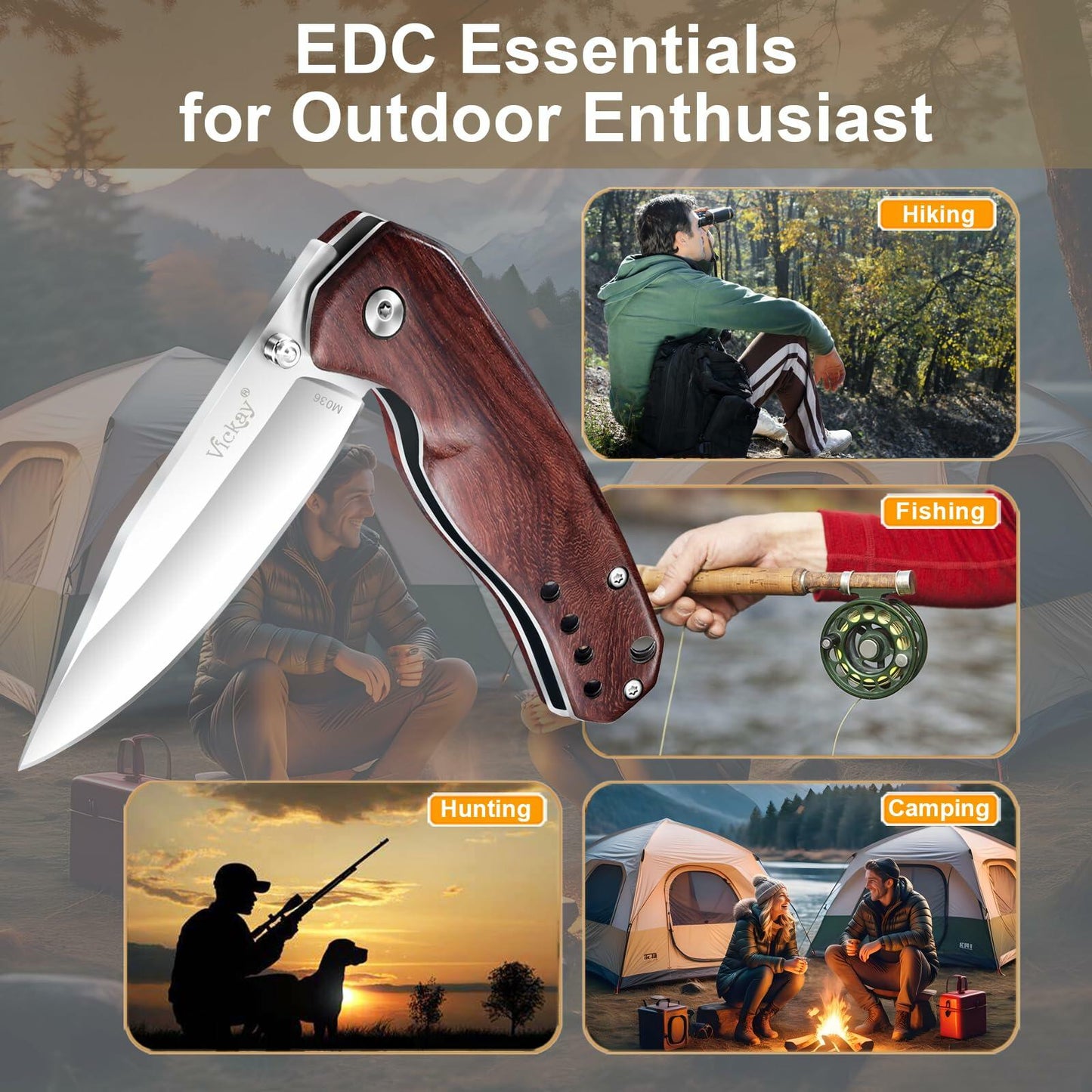 Pocket Knife Folding 2.76" 8Cr13MoV Steel Blade Wood Handle EDC Outdoor