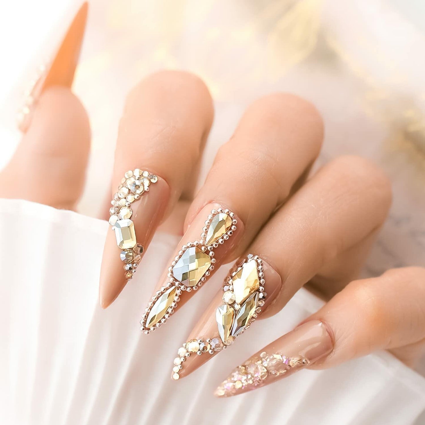Champagne Gold Nail Art Rhinestones 1130Pcs Flat Bottom 12 Grids DIY Craft