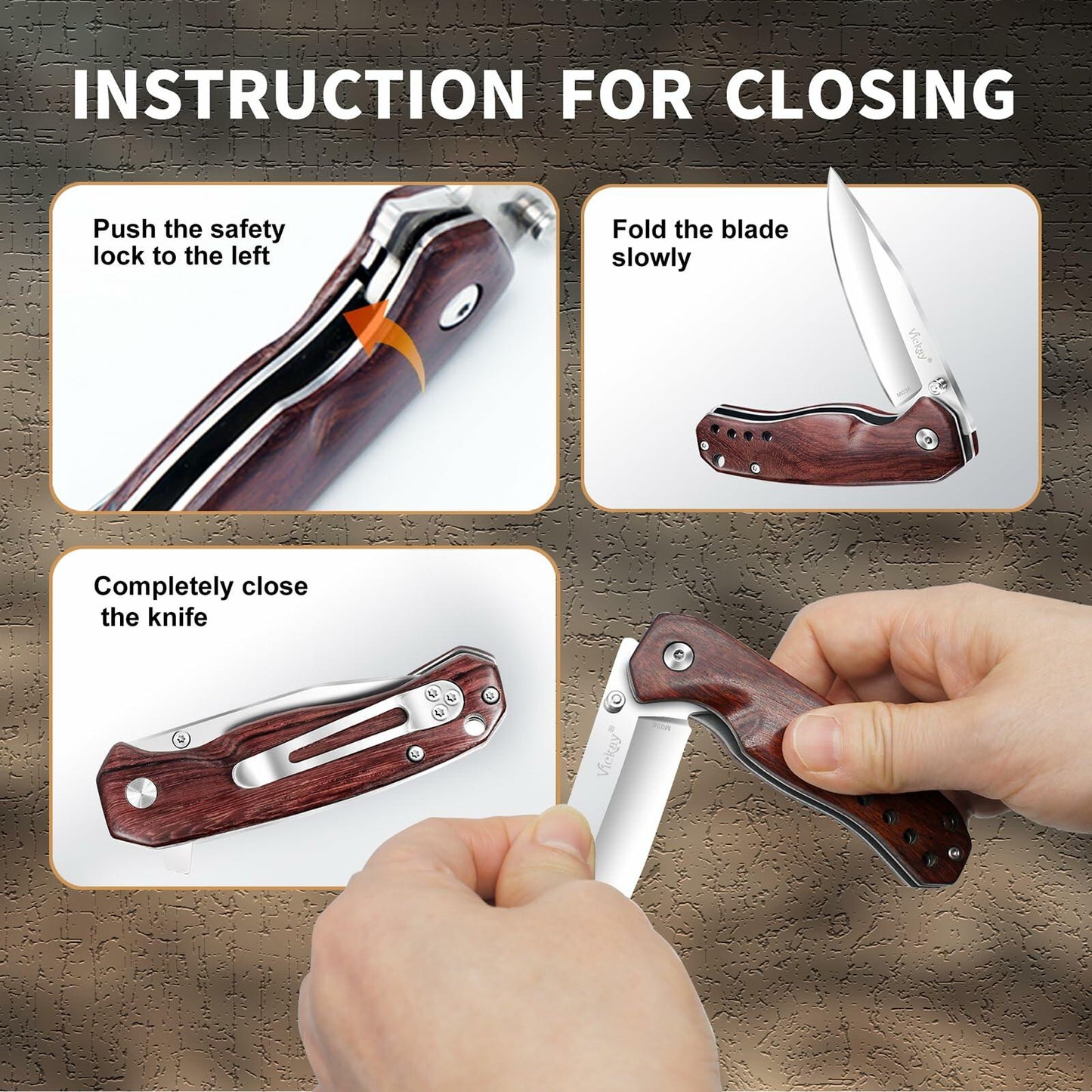 Pocket Knife Folding 2.76" 8Cr13MoV Steel Blade Wood Handle EDC Outdoor