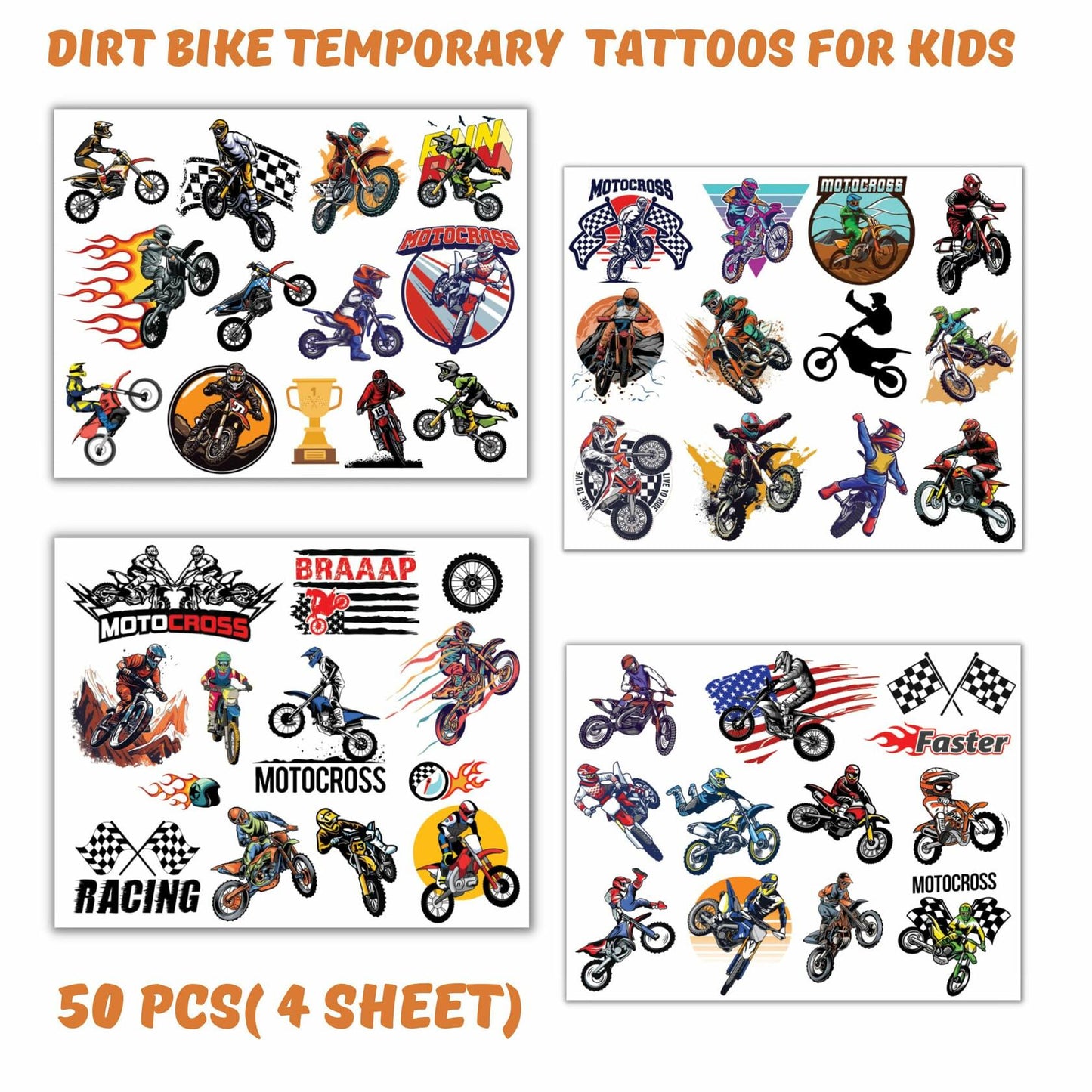 Dirt Bike Temporary Tattoos 50pcs Motorcycle Party Favors Medium