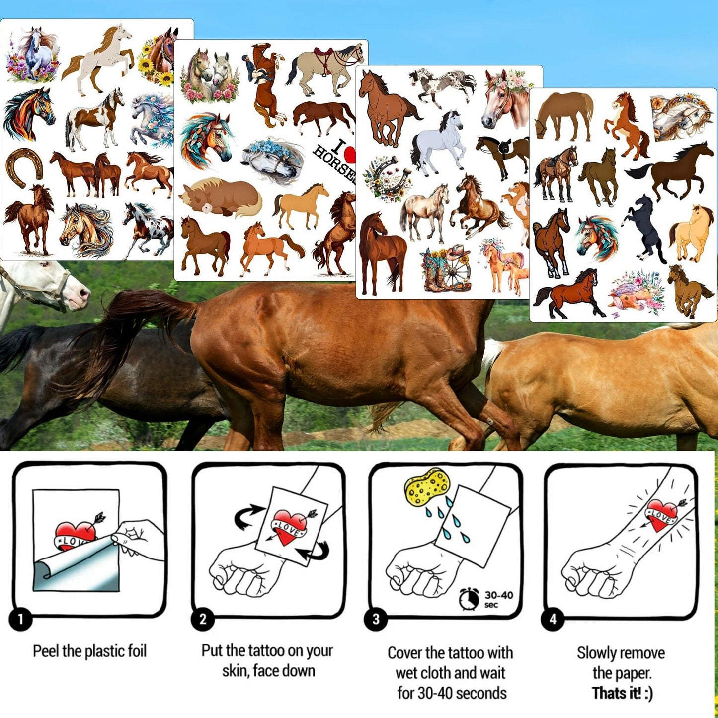Animal Horse Temporary Tattoos Kids Adults Holiday Party Supplies 52 Pcs