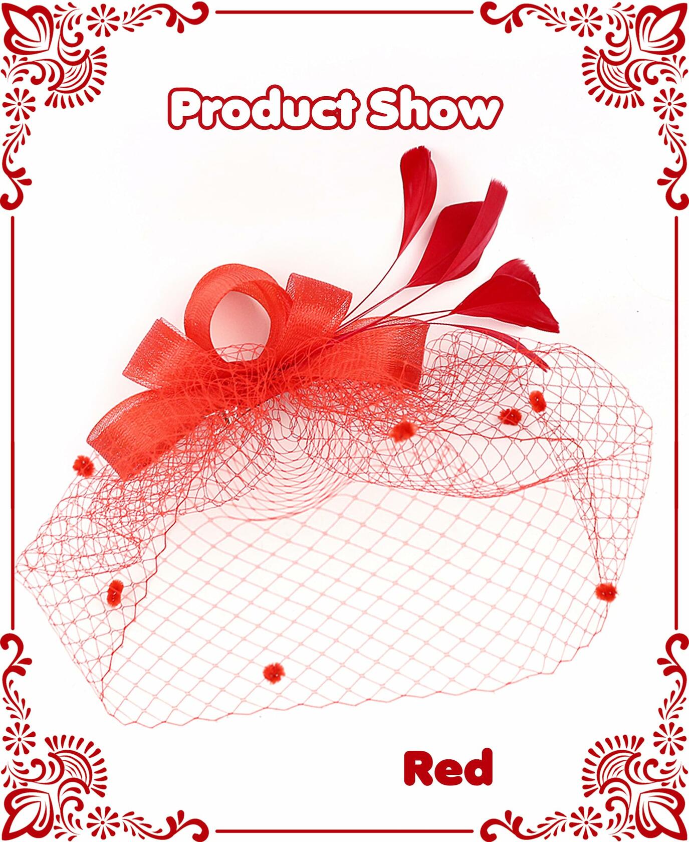 Red Fascinator Hat with Mesh Veil & Feathers – Vintage Tea Party