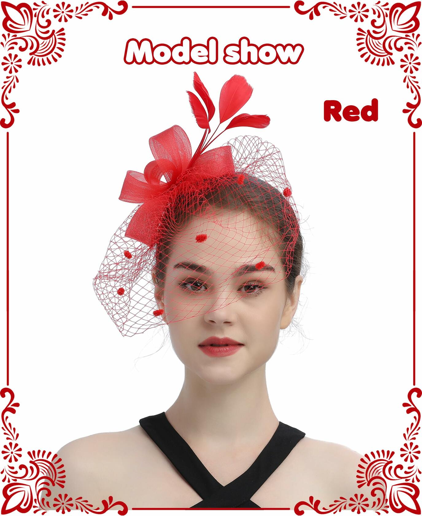 Red Fascinator Hat with Mesh Veil & Feathers – Vintage Tea Party