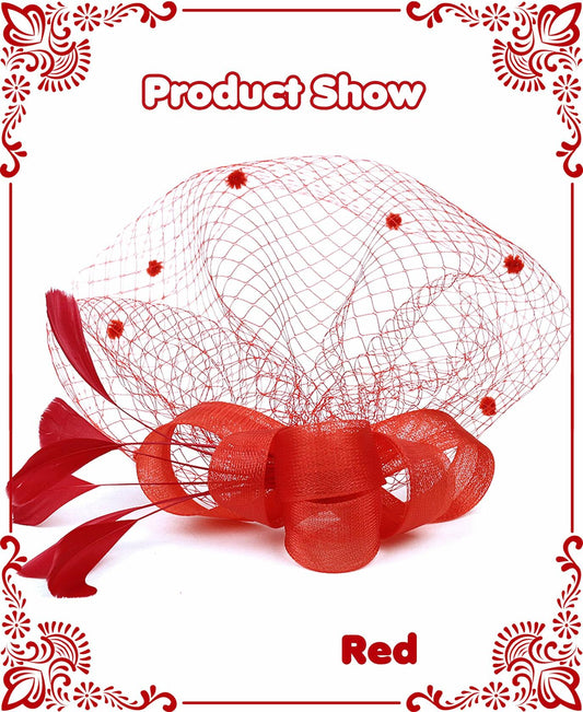 Red Fascinator Hat with Mesh Veil & Feathers – Vintage Tea Party