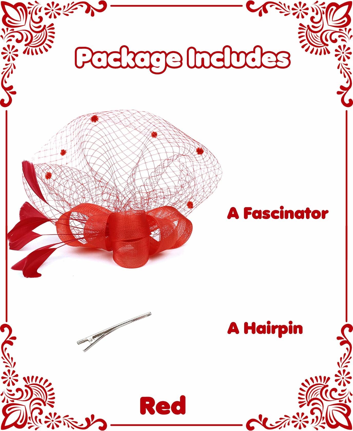 Red Fascinator Hat with Mesh Veil & Feathers – Vintage Tea Party