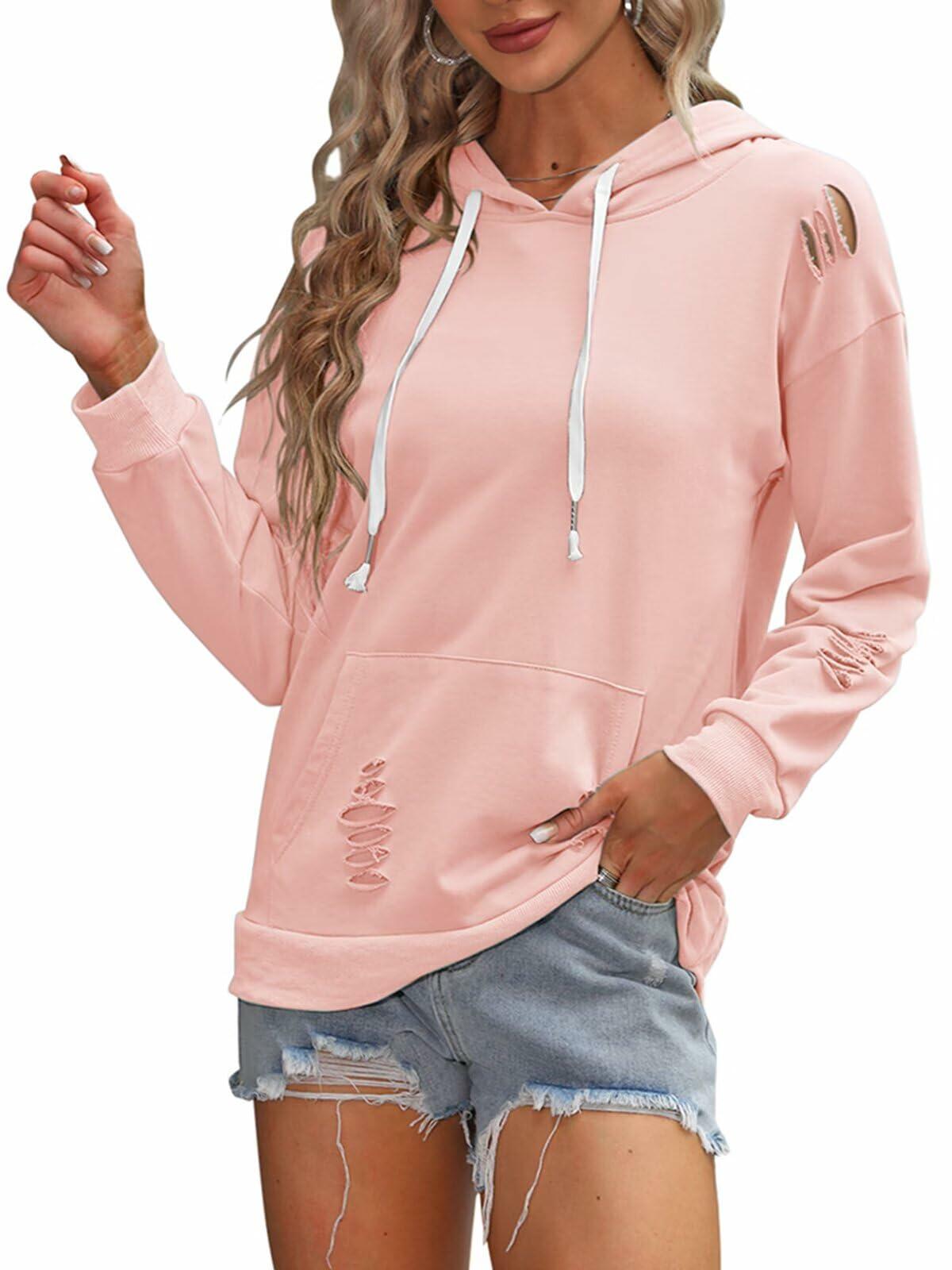 Women Hooded Distressed Sweatshirt Drawstring Kangaroo Pocket Greyblue Size M