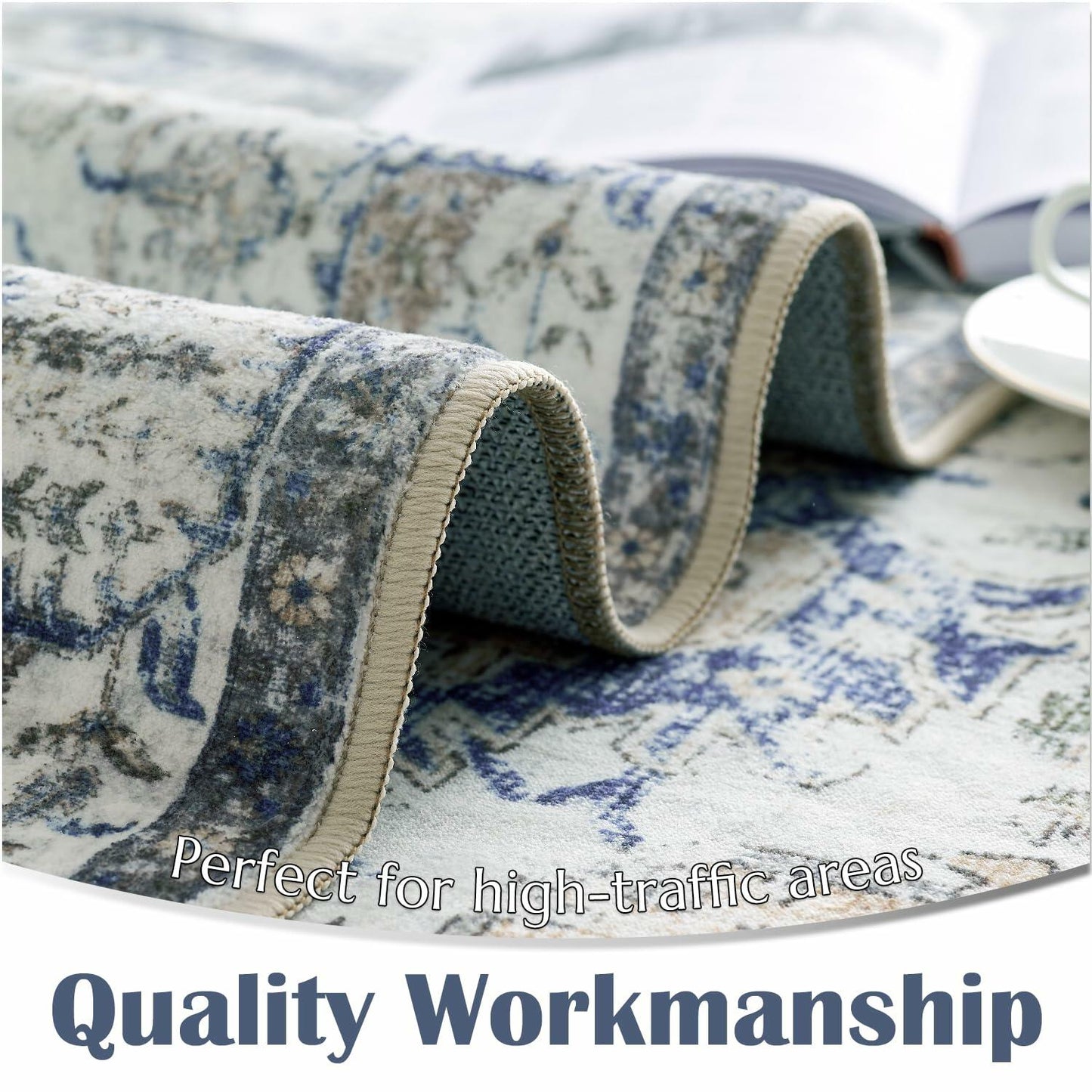 jinchan 5x7 Blue Washable Vintage Floral Area Rug Non-Slip Boho Carpet