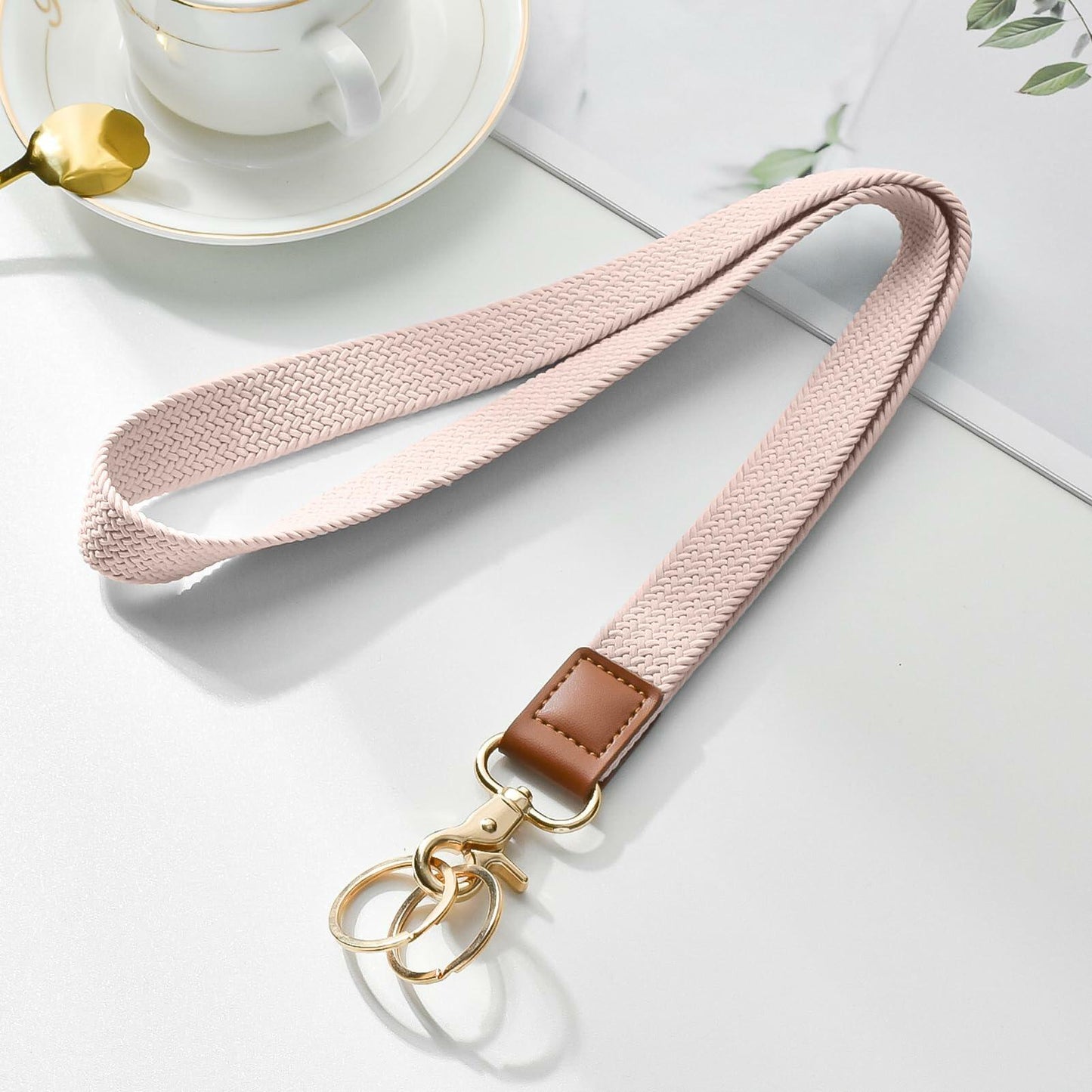 Knagsfa Stretchy Braided Lanyard w/ Dual Keyrings for ID Badge Keys Pink