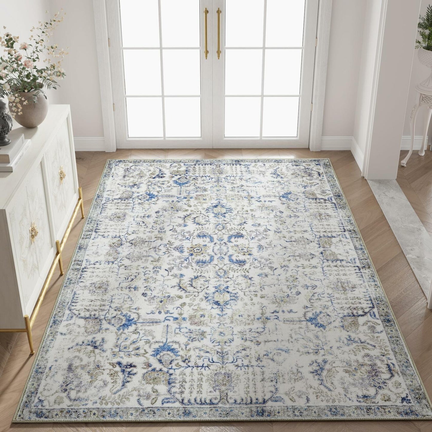 jinchan 5x7 Blue Washable Vintage Floral Area Rug Non-Slip Boho Carpet
