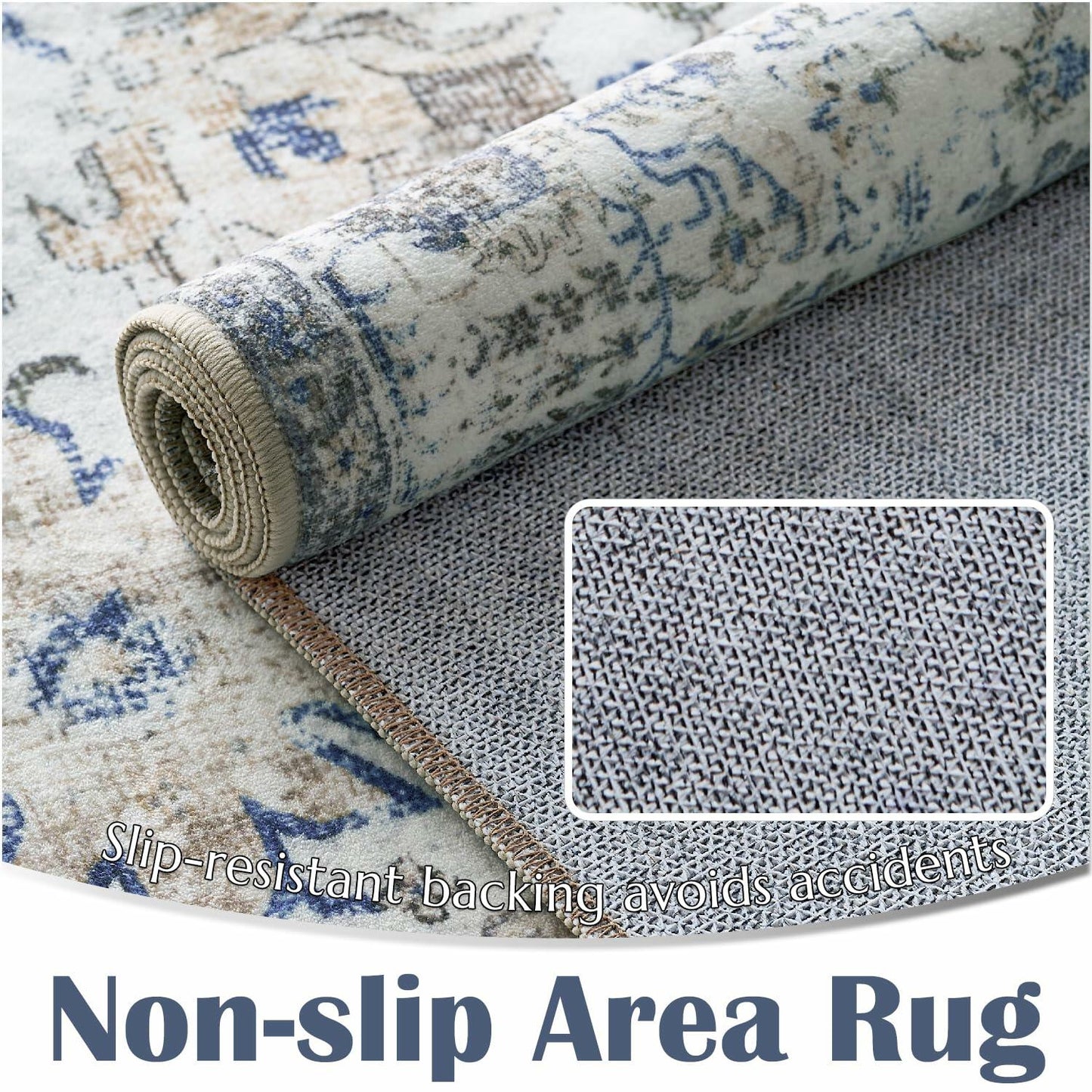 jinchan 5x7 Blue Washable Vintage Floral Area Rug Non-Slip Boho Carpet