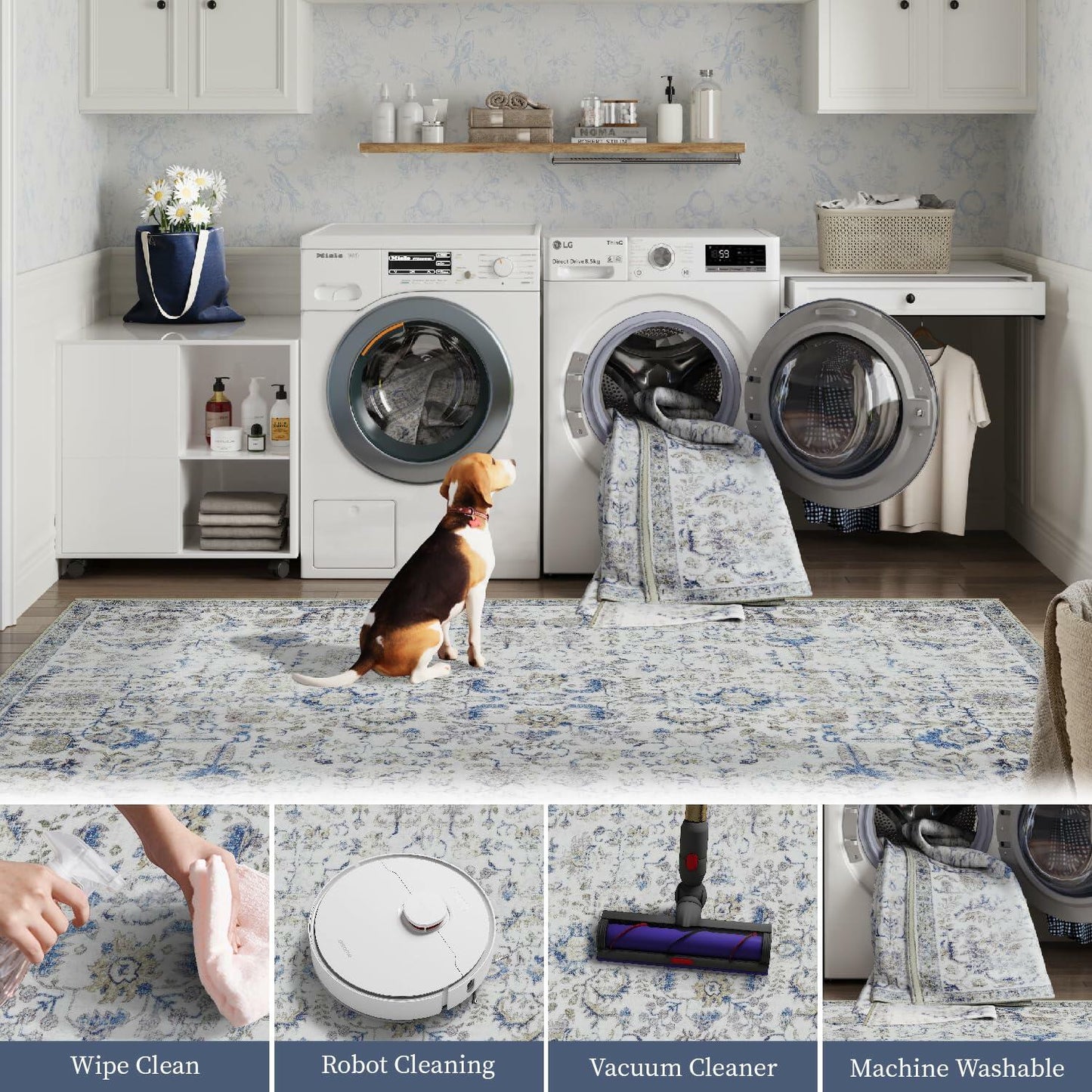 jinchan 5x7 Blue Washable Vintage Floral Area Rug Non-Slip Boho Carpet