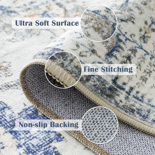 jinchan 5x7 Blue Washable Vintage Floral Area Rug Non-Slip Boho Carpet