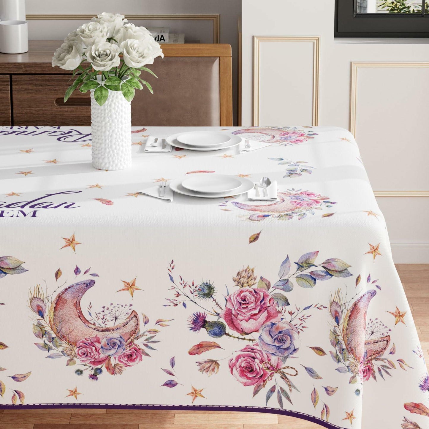 BOTB LIHM Ramadan Watercolor Moons Flowers Tablecloth 60x120 Inch