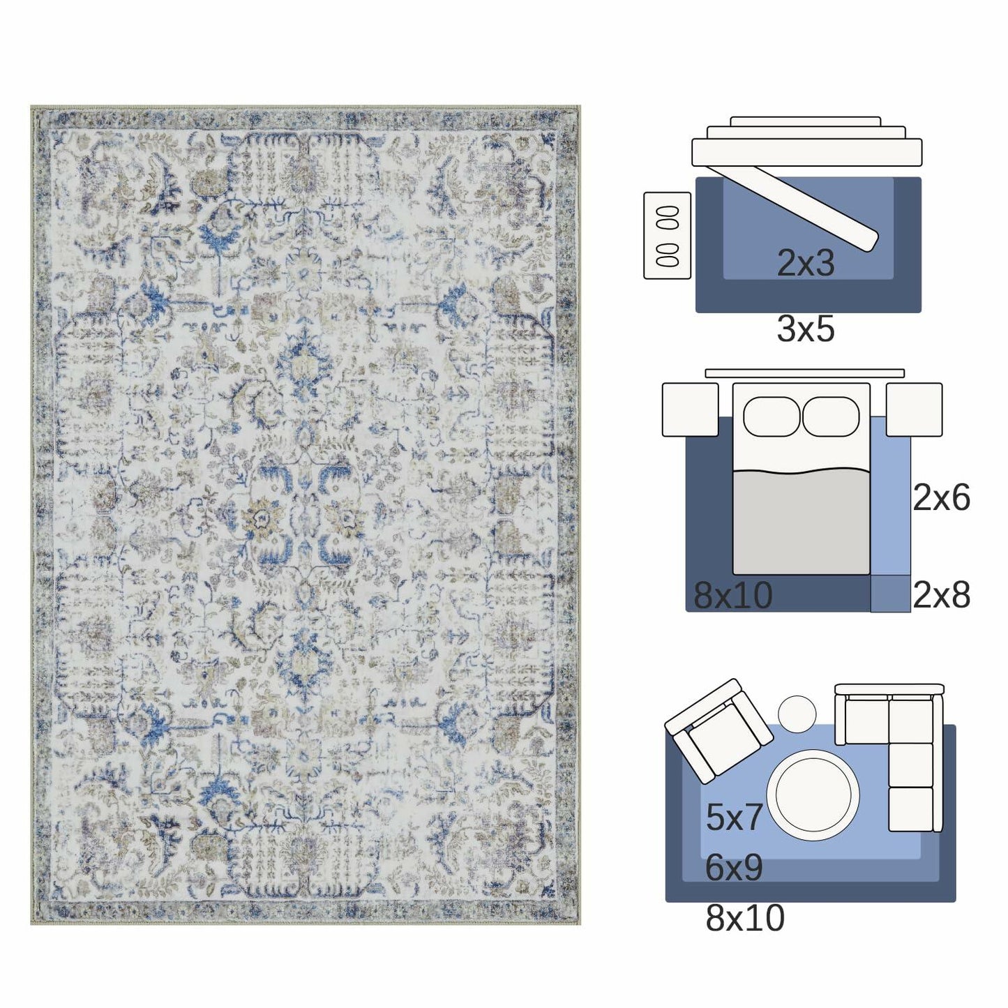 jinchan 5x7 Blue Washable Vintage Floral Area Rug Non-Slip Boho Carpet